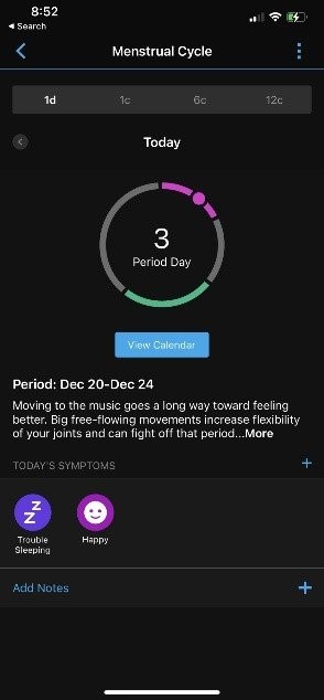 Tampilan data siklus menstruasi pada fitur kesehatan wanita
